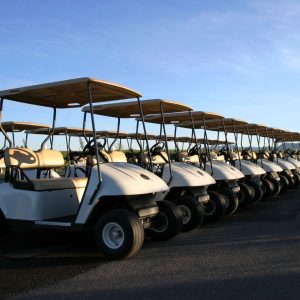 Multiple golf carts lined up.